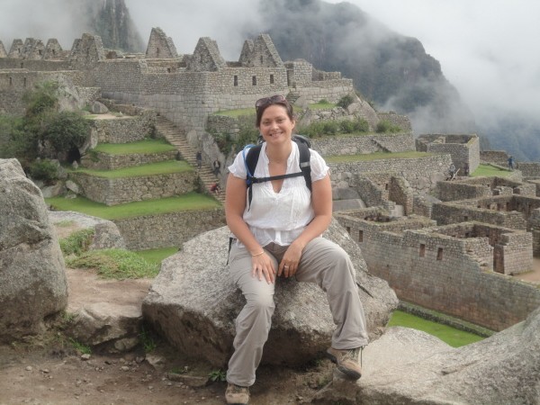 Vicky Smith, tour escorting and supporting local guides at Machu Picchu, Peru.